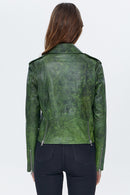 Newage Women's Green Leather Short Biker Jacket | Derimod