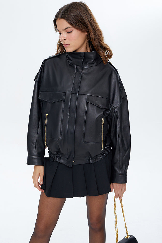 Jenny Kadın Siyah Oversize Deri Ceket