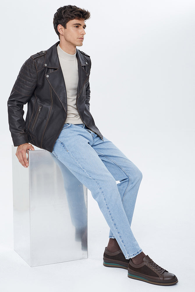 Speedy Erkek Siyah Deri Slim-Fit Biker Ceket