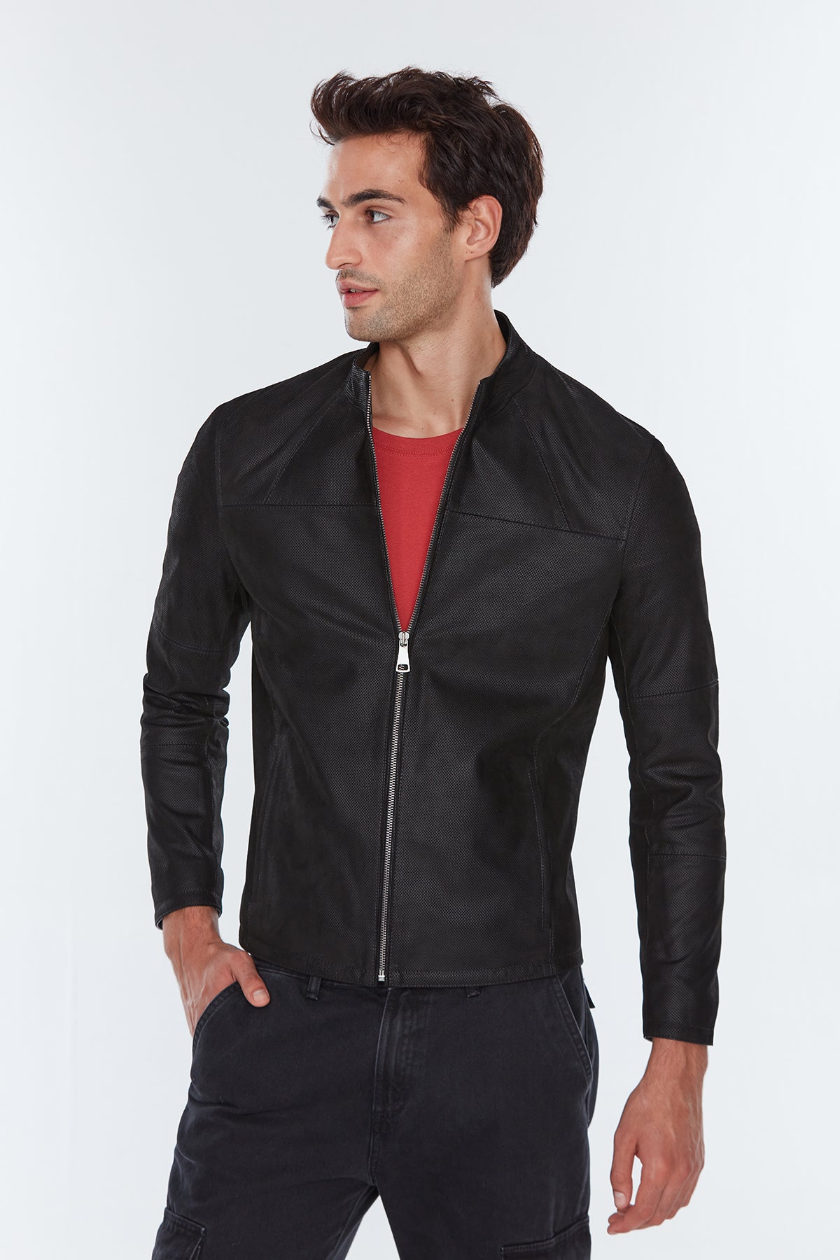 Neymar Erkek Siyah Süet Baskılı Slim-Fit Kısa Deri Ceket 22WGD6402P6 | Derimod