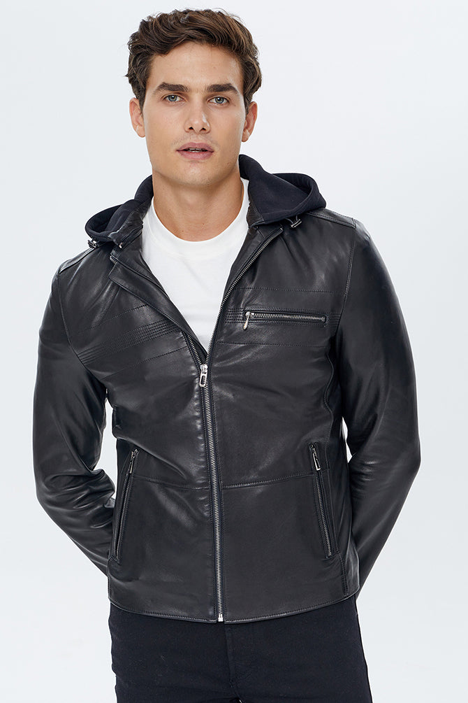Lopez Men's Black Hooded Slim-Fit Leather Jacket 22WGD6447VE | Derimod