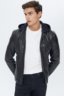 Lopez Men's Black Hooded Slim-Fit Leather Jacket | Derimod