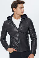 Lopez Men's Black Hooded Slim-Fit Leather Jacket | Derimod