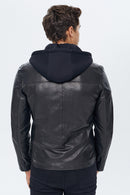 Lopez Men's Black Hooded Slim-Fit Leather Jacket | Derimod