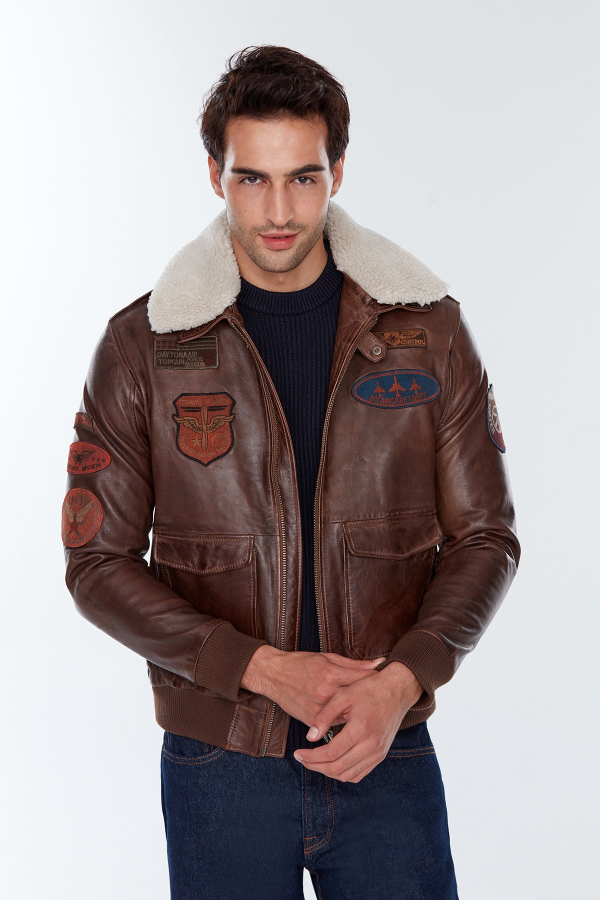 Maverick Men's Brown Embroidered Collar Fur Leather Pilot Coat 22WGD6456L7 | Derimod