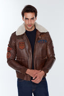 Maverick Men's Brown Embroidered Collar Fur Leather Pilot Coat | Derimod