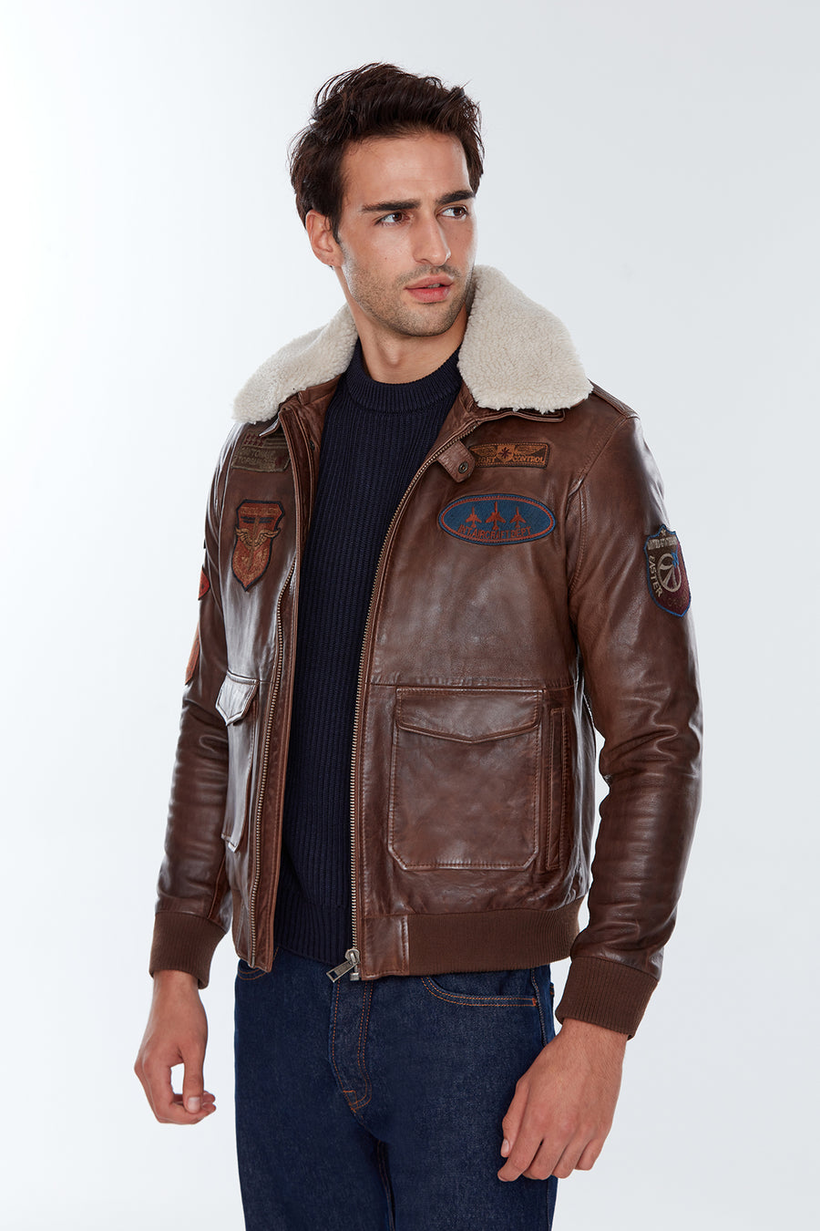 Maverick Men's Brown Embroidered Collar Fur Leather Pilot Coat