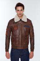 Maverick Men's Brown Embroidered Collar Fur Leather Pilot Coat | Derimod