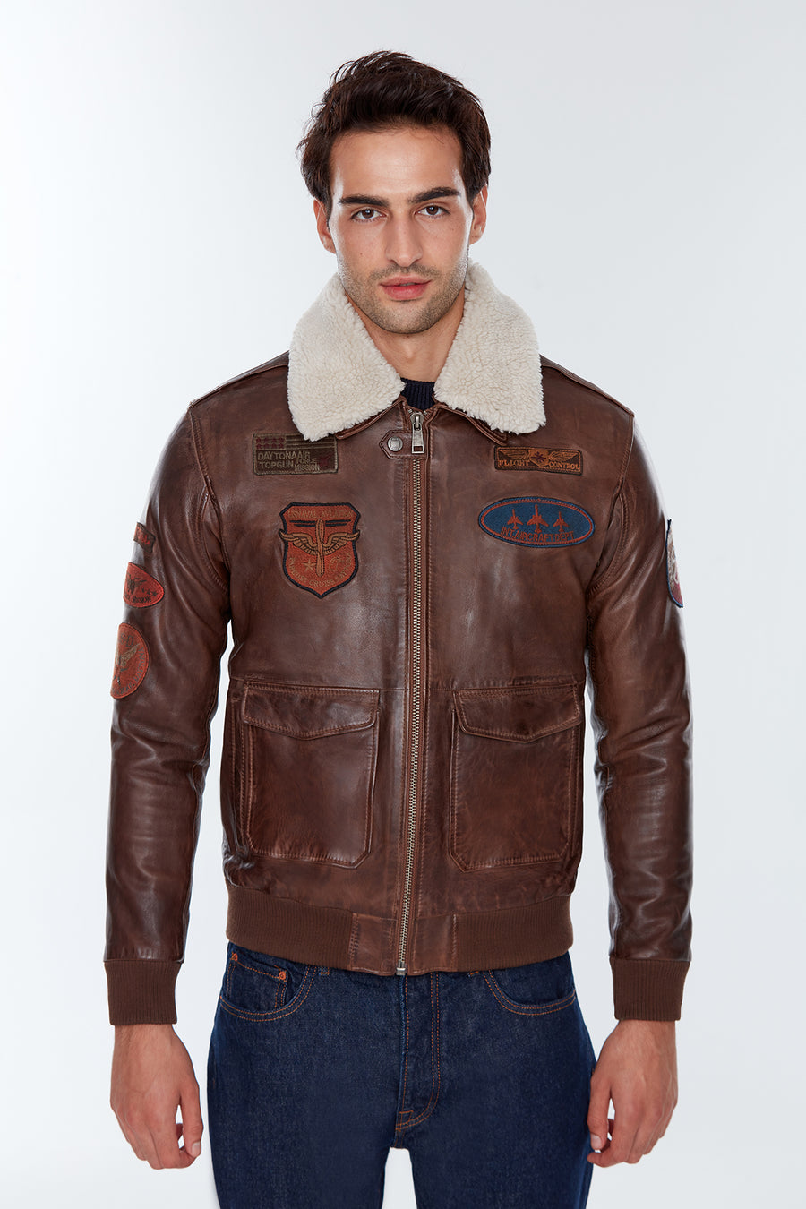 Maverick Men's Brown Embroidered Collar Fur Leather Pilot Coat