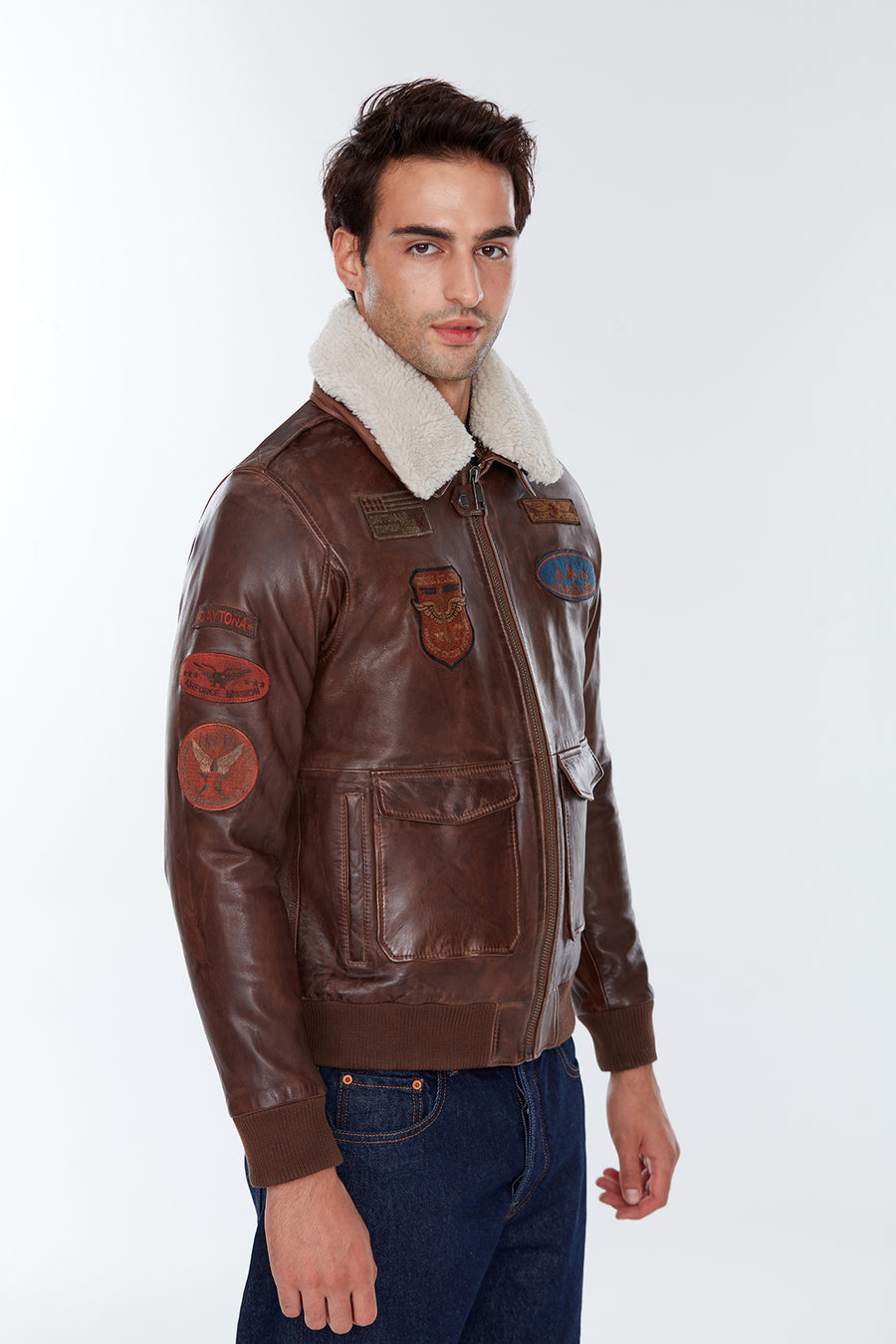 Maverick Men's Brown Embroidered Collar Fur Leather Pilot Coat