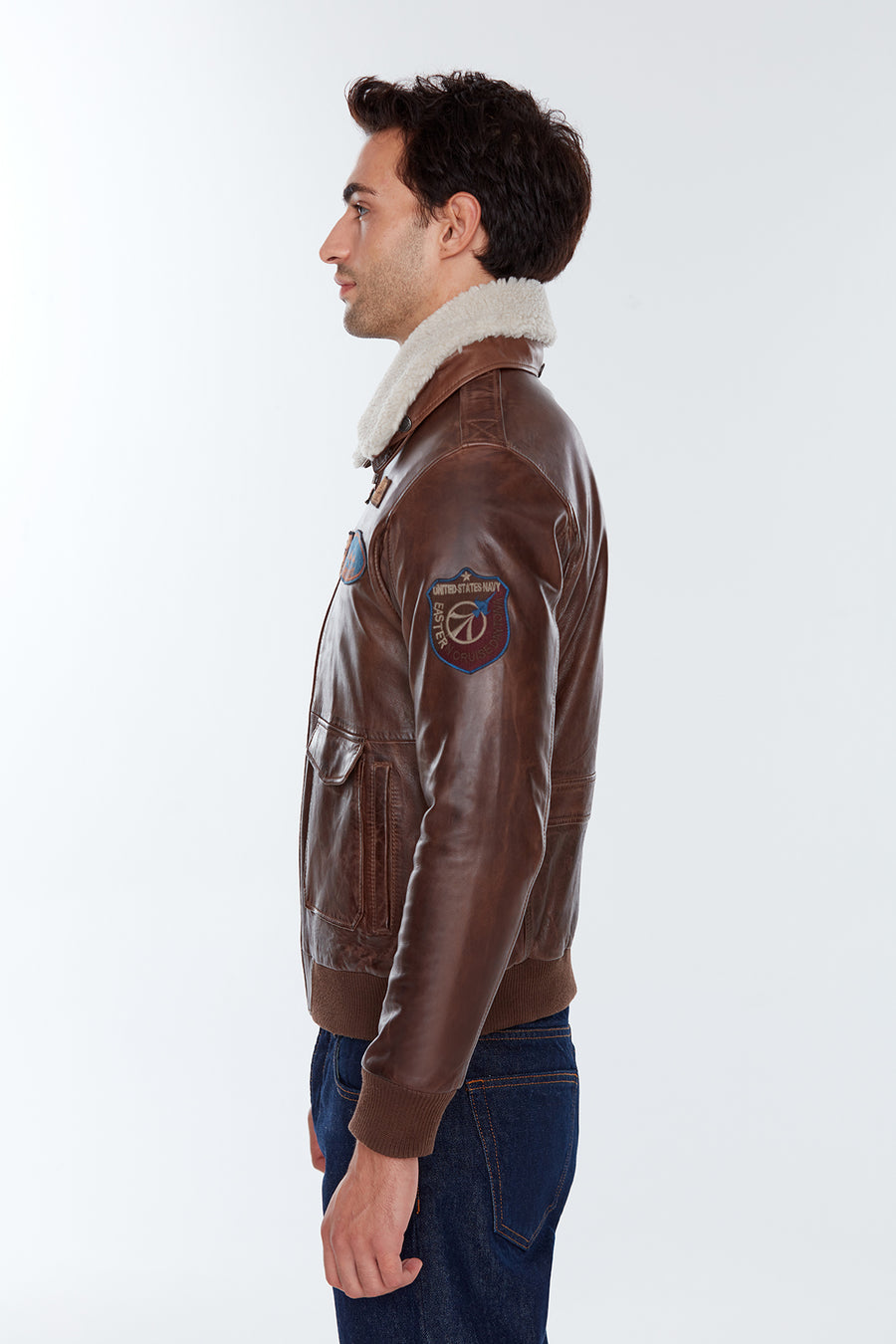 Maverick Men's Brown Embroidered Collar Fur Leather Pilot Coat
