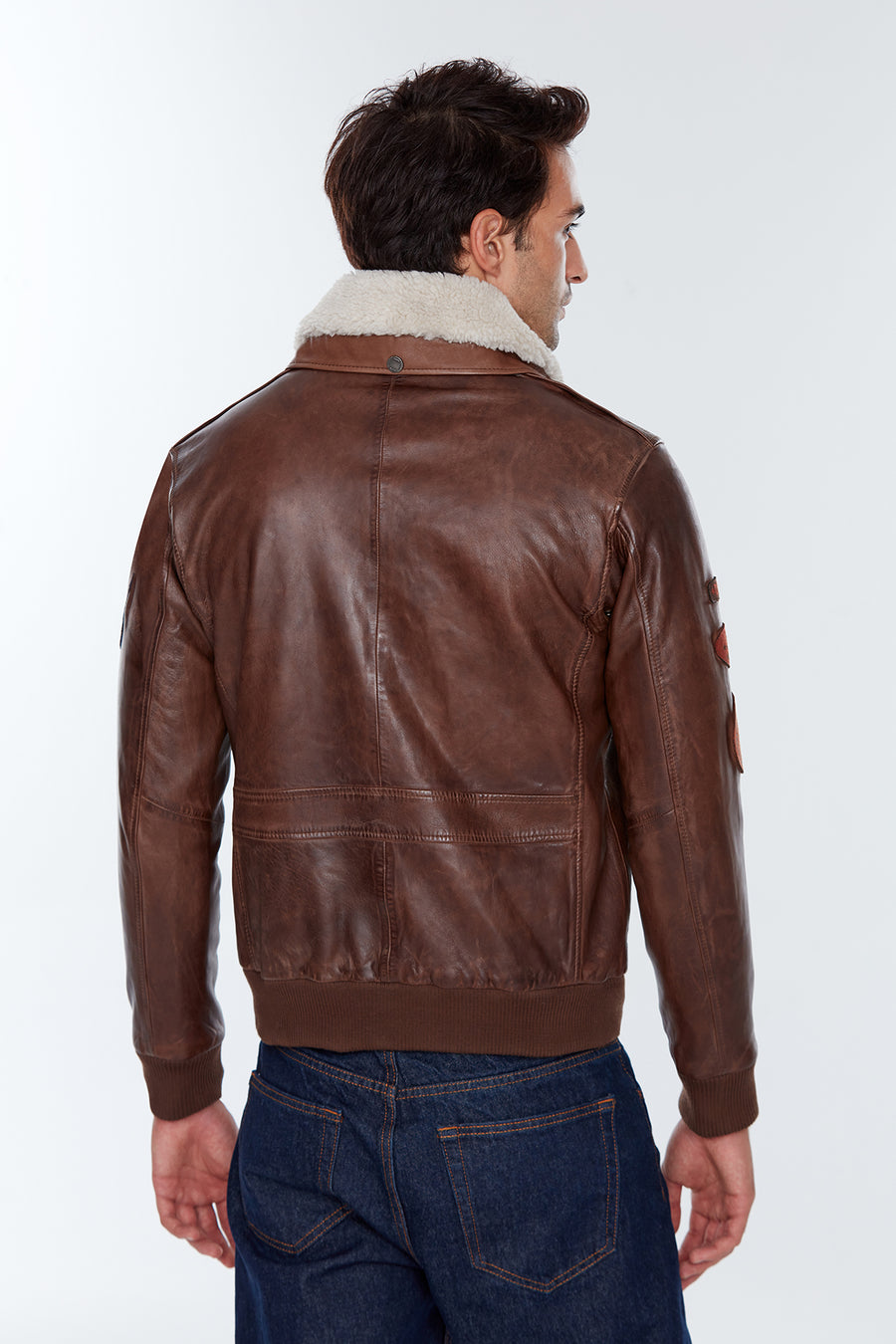 Maverick Men's Brown Embroidered Collar Fur Leather Pilot Coat