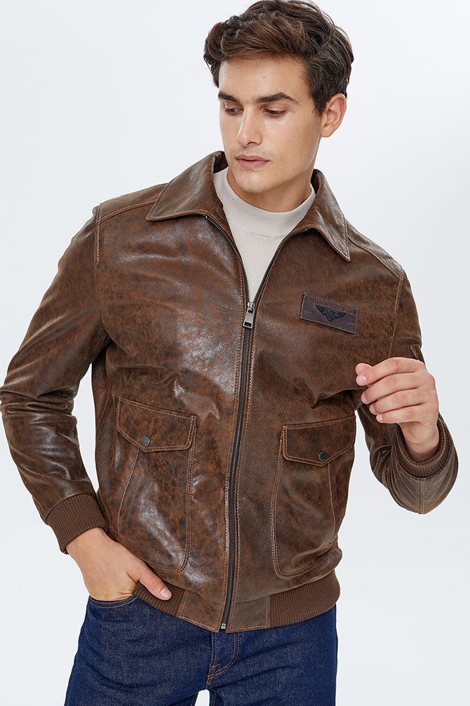 Daytona Men's Tan Leather Jacket with Crest 22WGD6457VD | Derimod