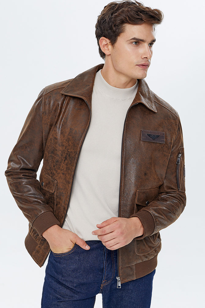 Daytona Men's Tan Leather Jacket with Crest
