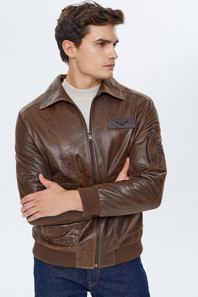 Daytona Men's Tan Leather Jacket with Crest