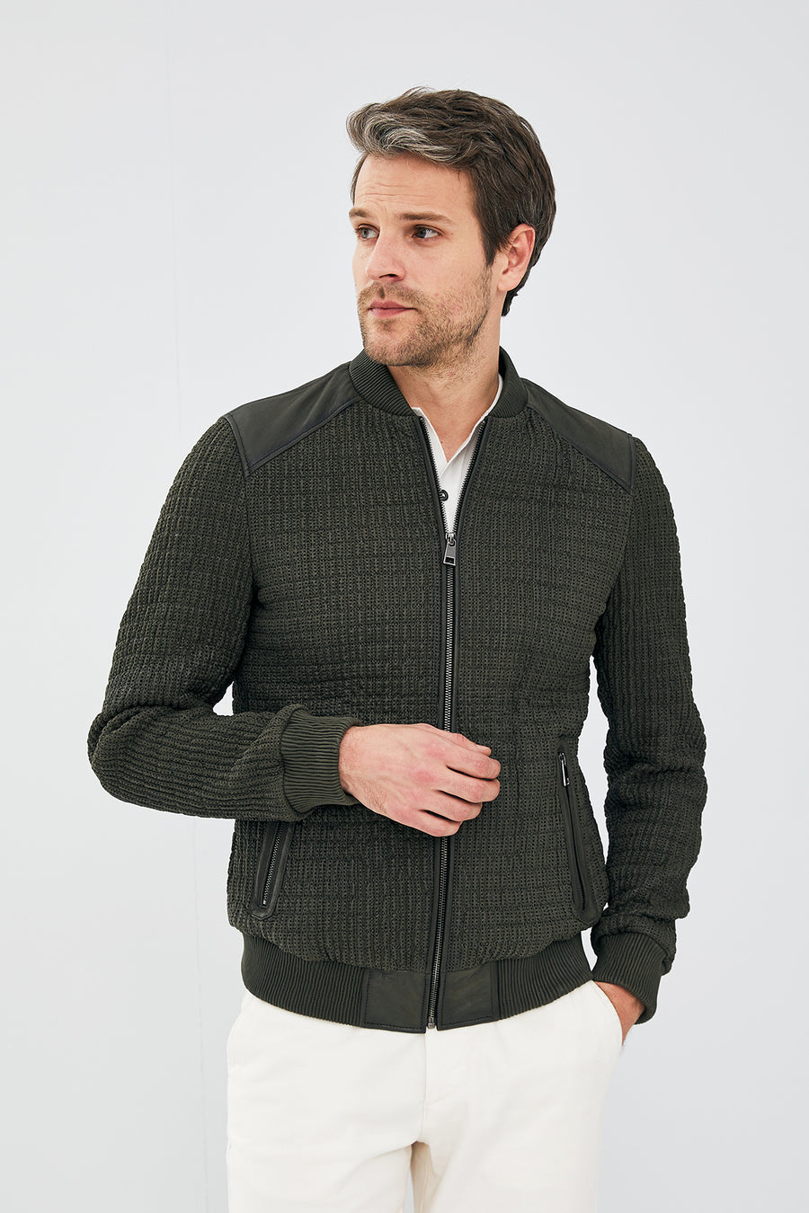 Andre Men's Green Special Stitched Nubuck Leather Coat