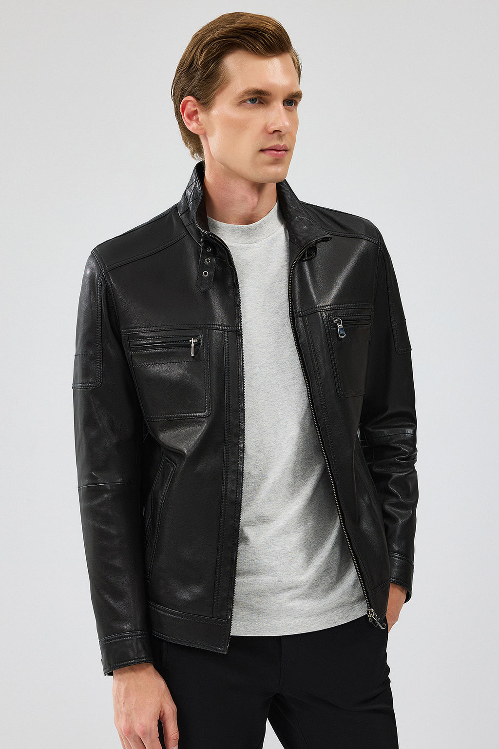 Wade Erkek Siyah Slim-Fit Deri Mont