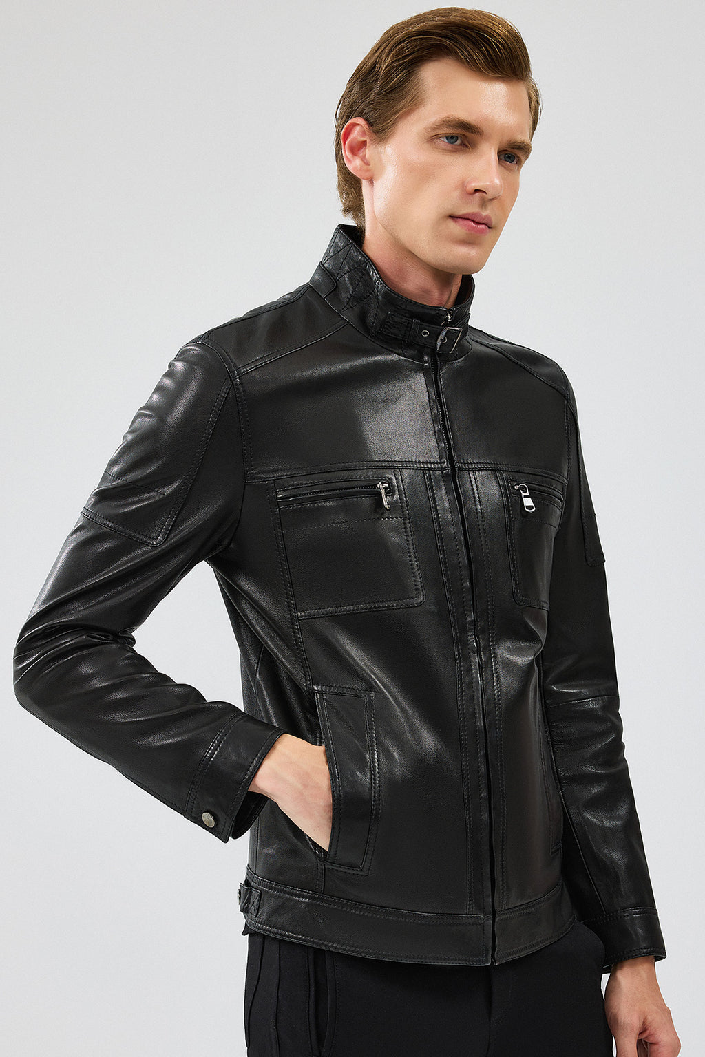 Wade Erkek Siyah Slim-Fit Deri Mont