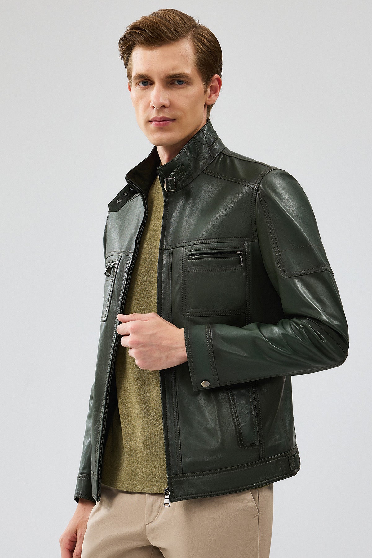 Wade Erkek Haki Slim-Fit Deri Mont