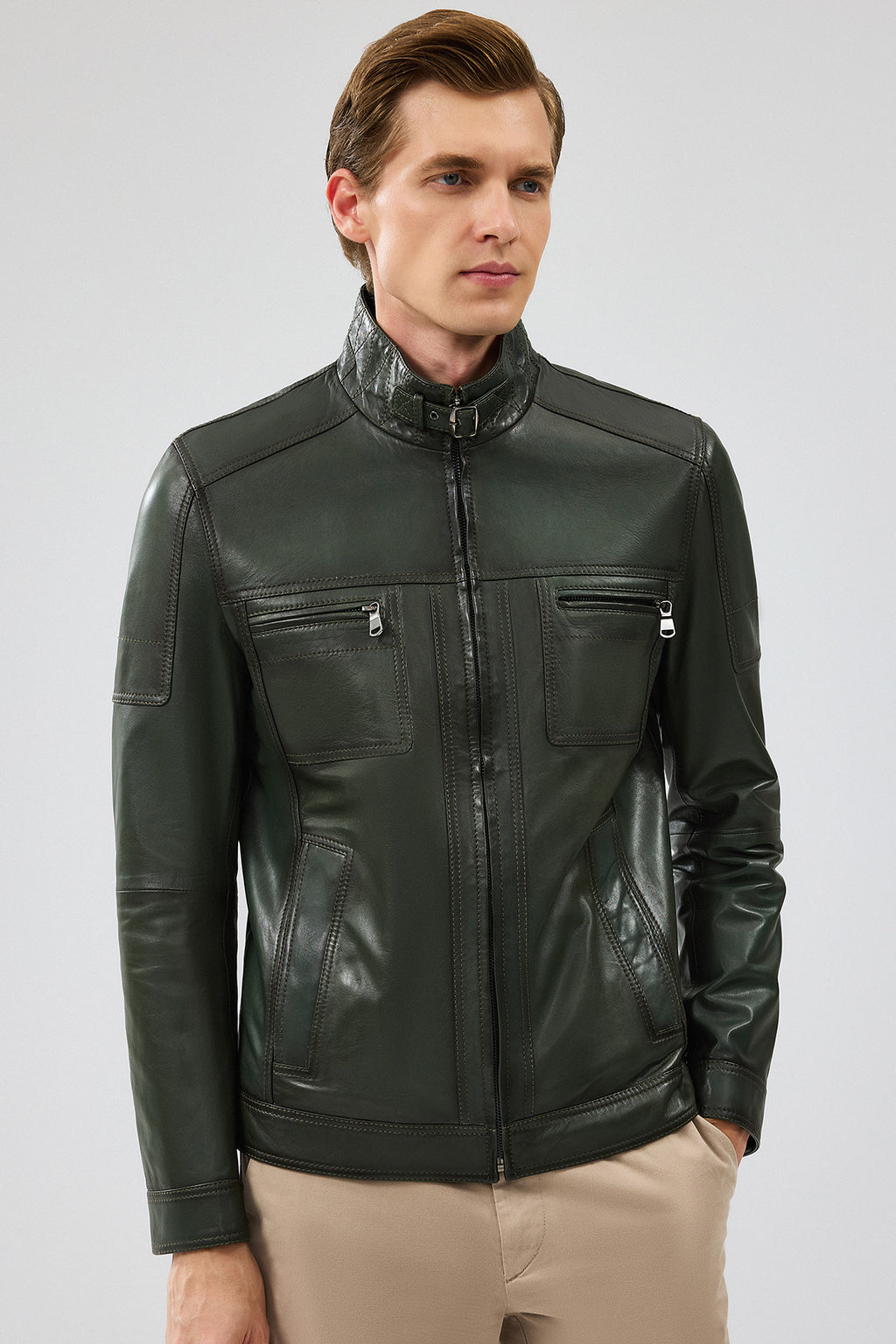 Wade Erkek Haki Slim-Fit Deri Mont