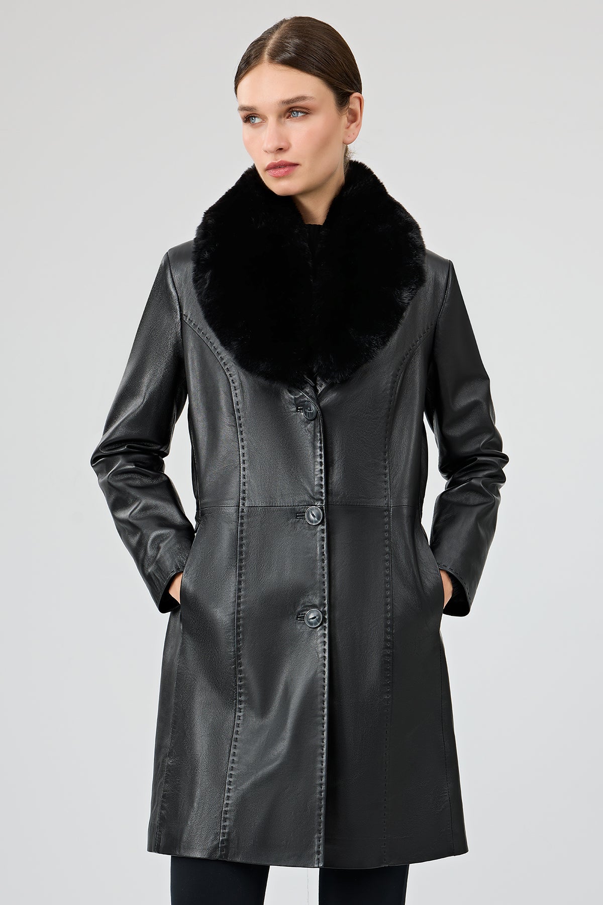 Christina Kadın Siyah Kürklü Uzun Deri Kaban