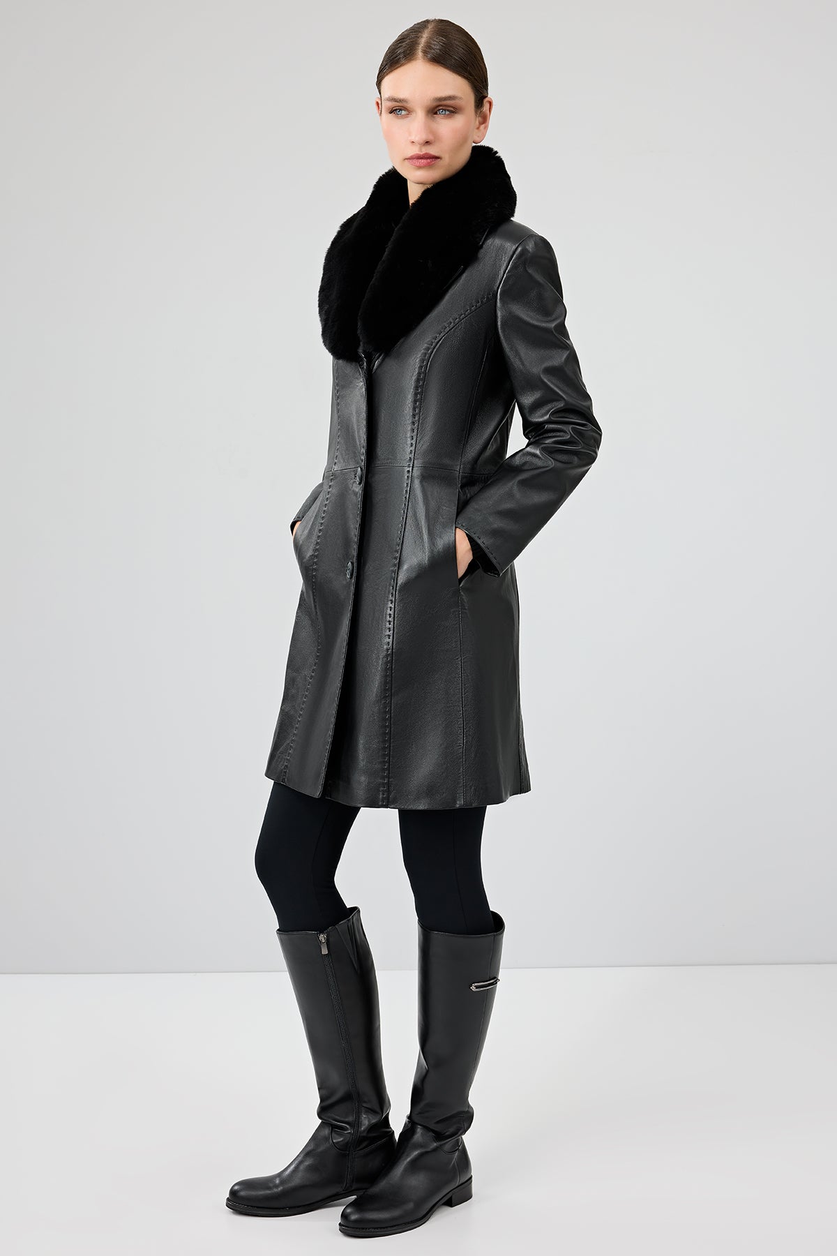 Christina Kadın Siyah Kürklü Uzun Deri Kaban