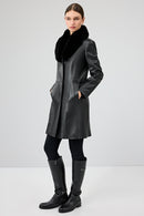 Christina Kadın Siyah Kürklü Uzun Deri Kaban | Derimod