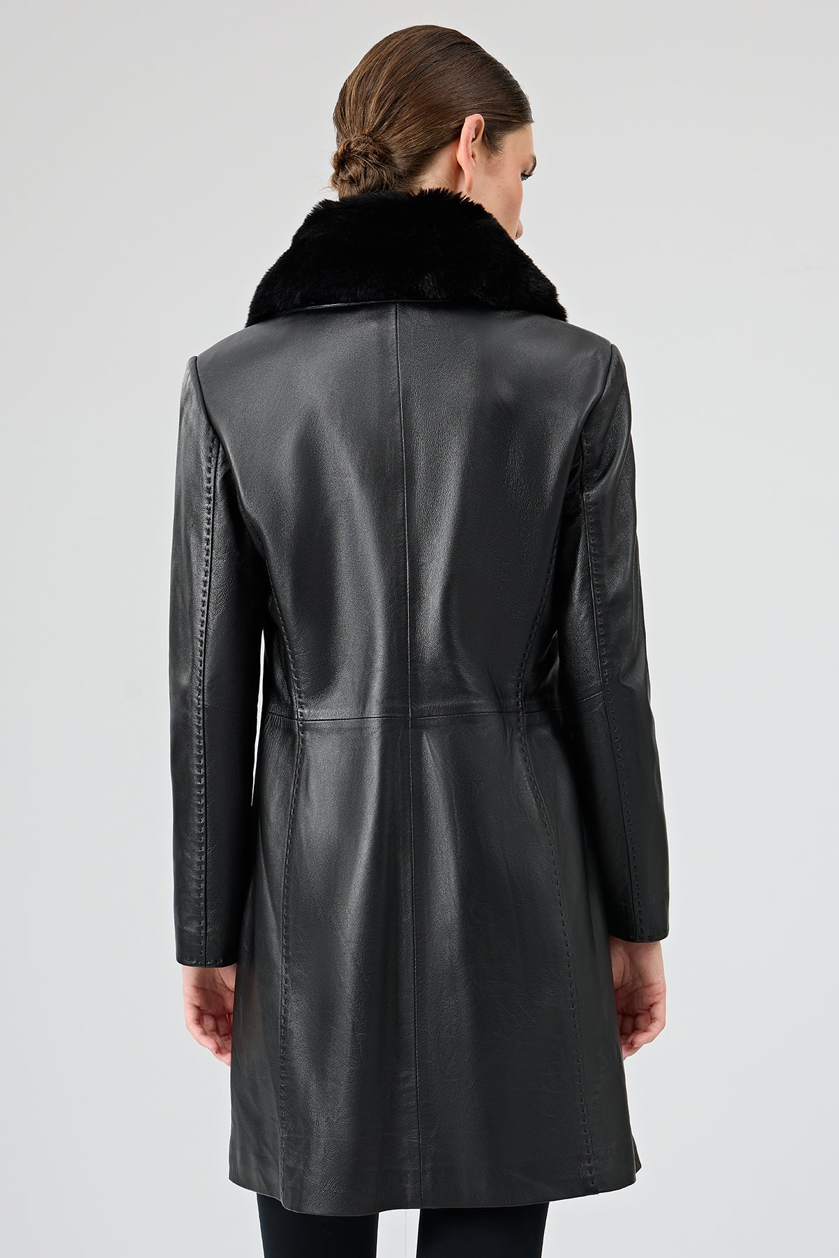 Christina Kadın Siyah Kürklü Uzun Deri Kaban