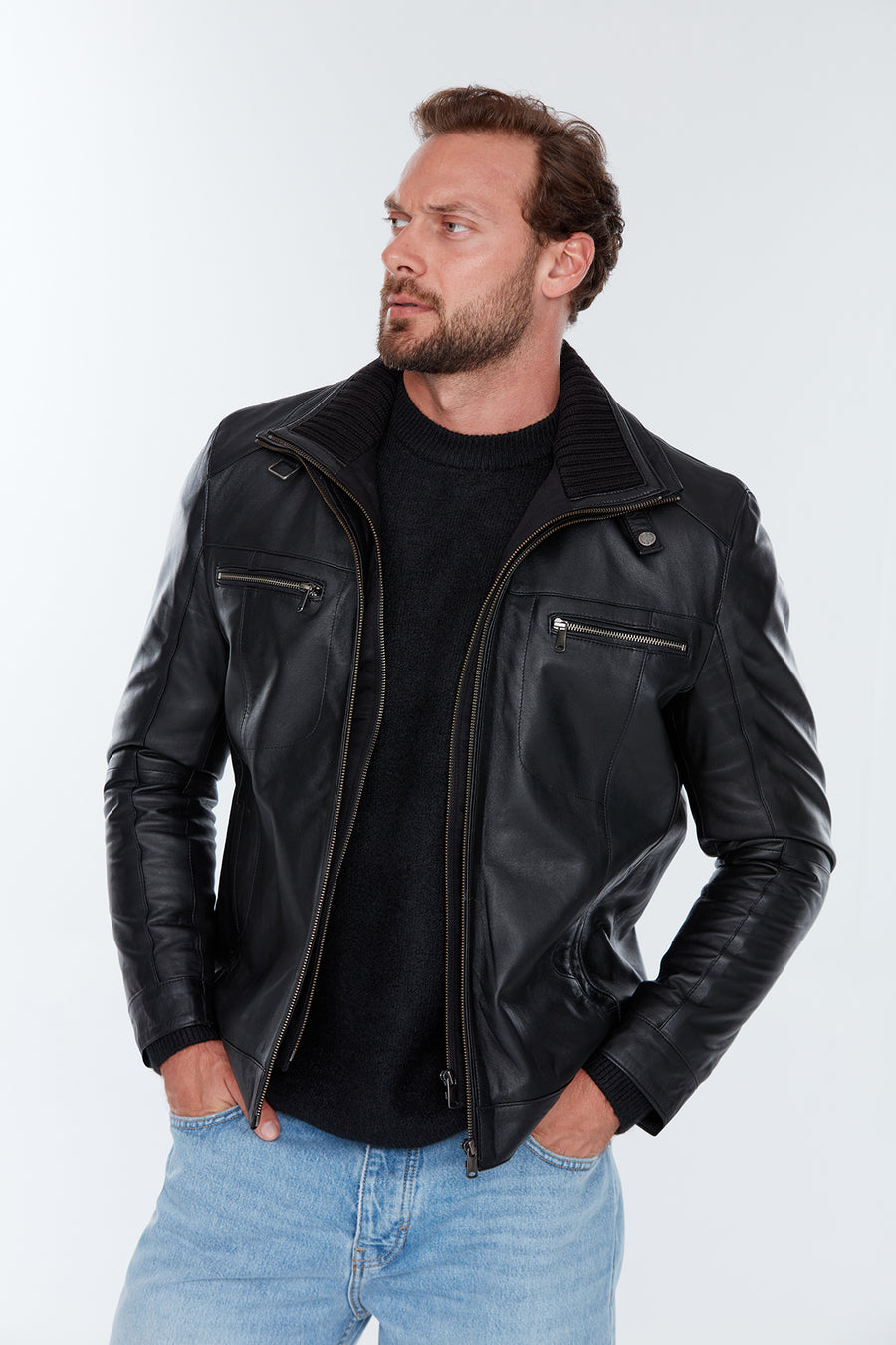 Antonıo Men's Black Double Collar Leather Jacket 22WGE64441M | Derimod