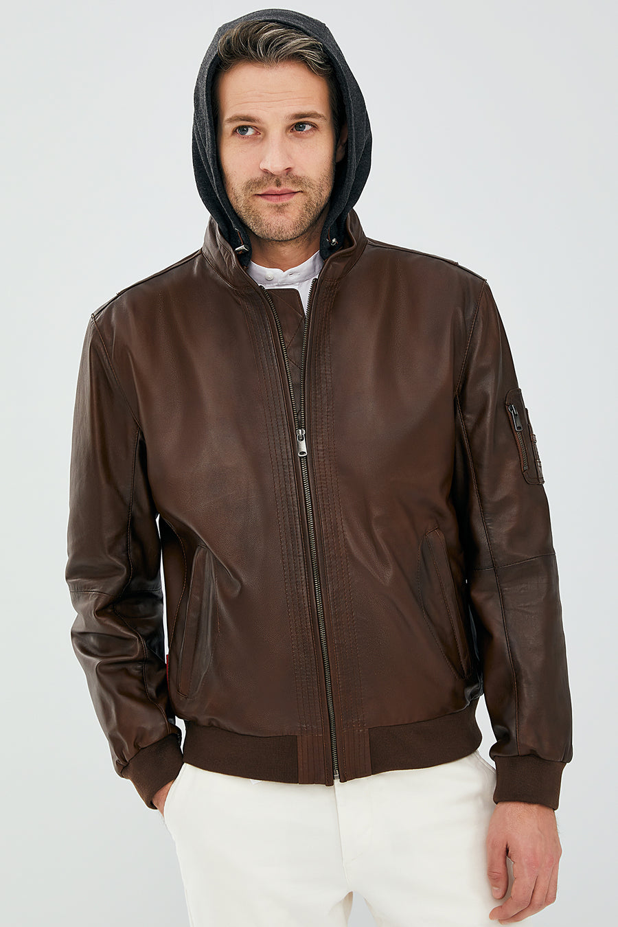 Garry Men's Cognac Hooded Leather Coat