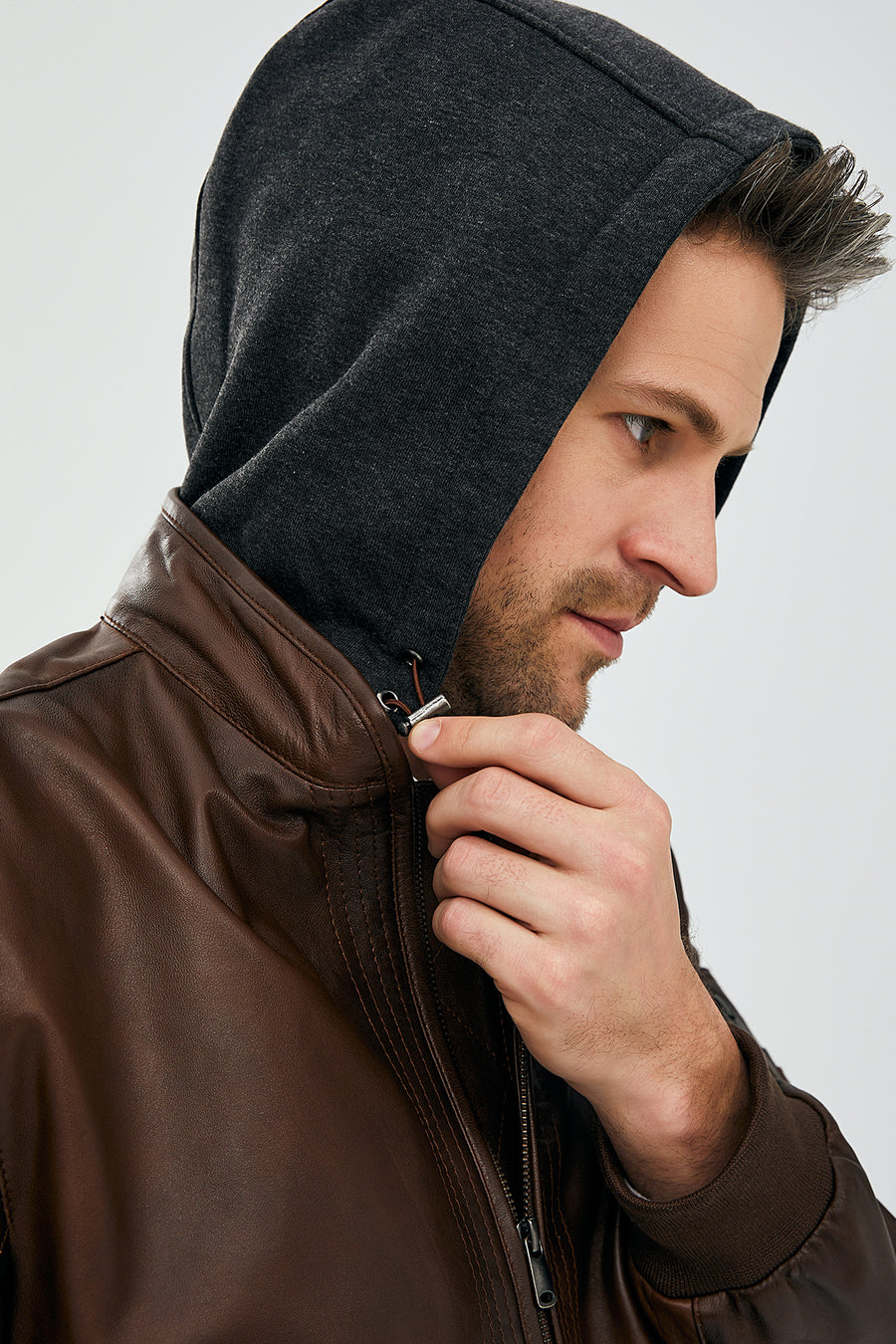 Garry Men's Cognac Hooded Leather Coat