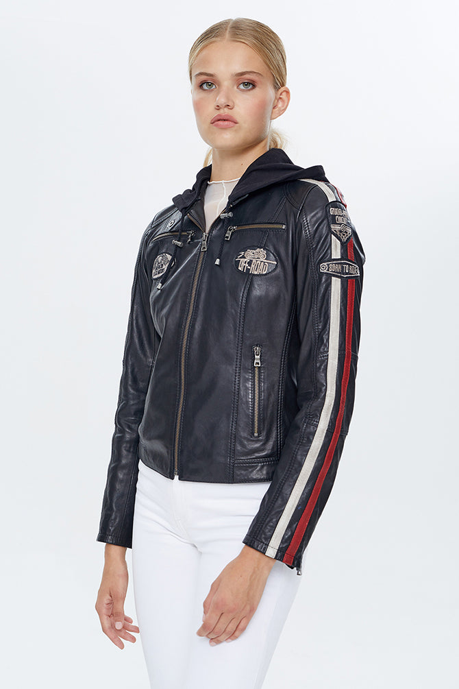 Ladyracer Women's Black Embroidered Hooded Sports Leather Coat 22WGM500151 | Derimod