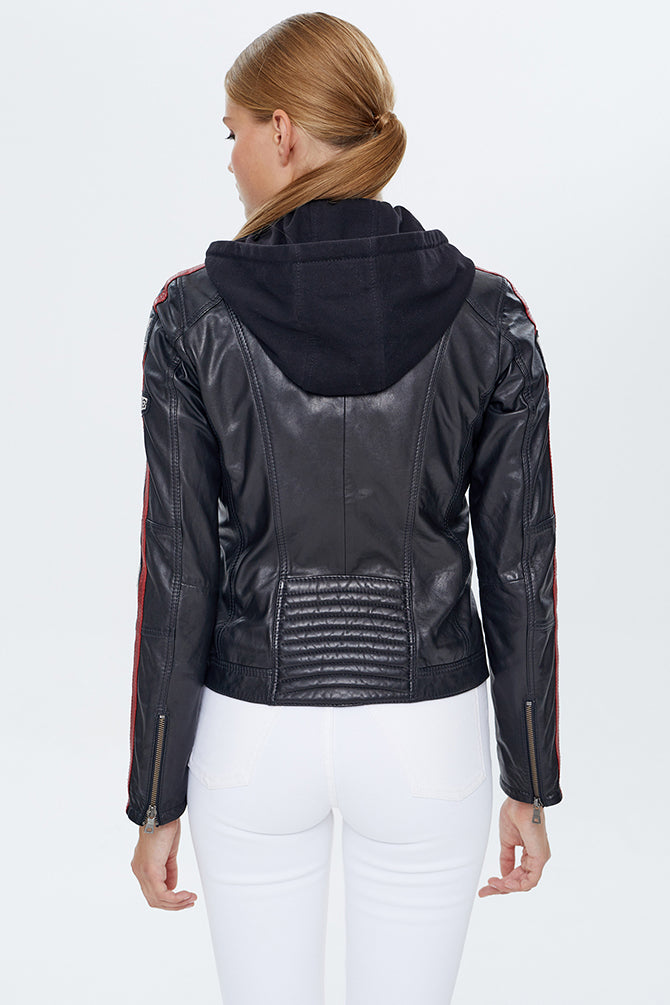Ladyracer Women's Black Embroidered Hooded Sports Leather Coat
