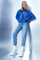 Splendid Women's Blue Oversize Leather Jacket | Derimod