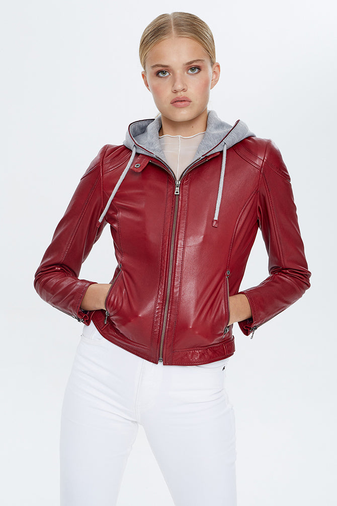 Santa Fe Kadın Kırmızı Kapüşonlu Deri Mont 22WGM599951 | Derimod