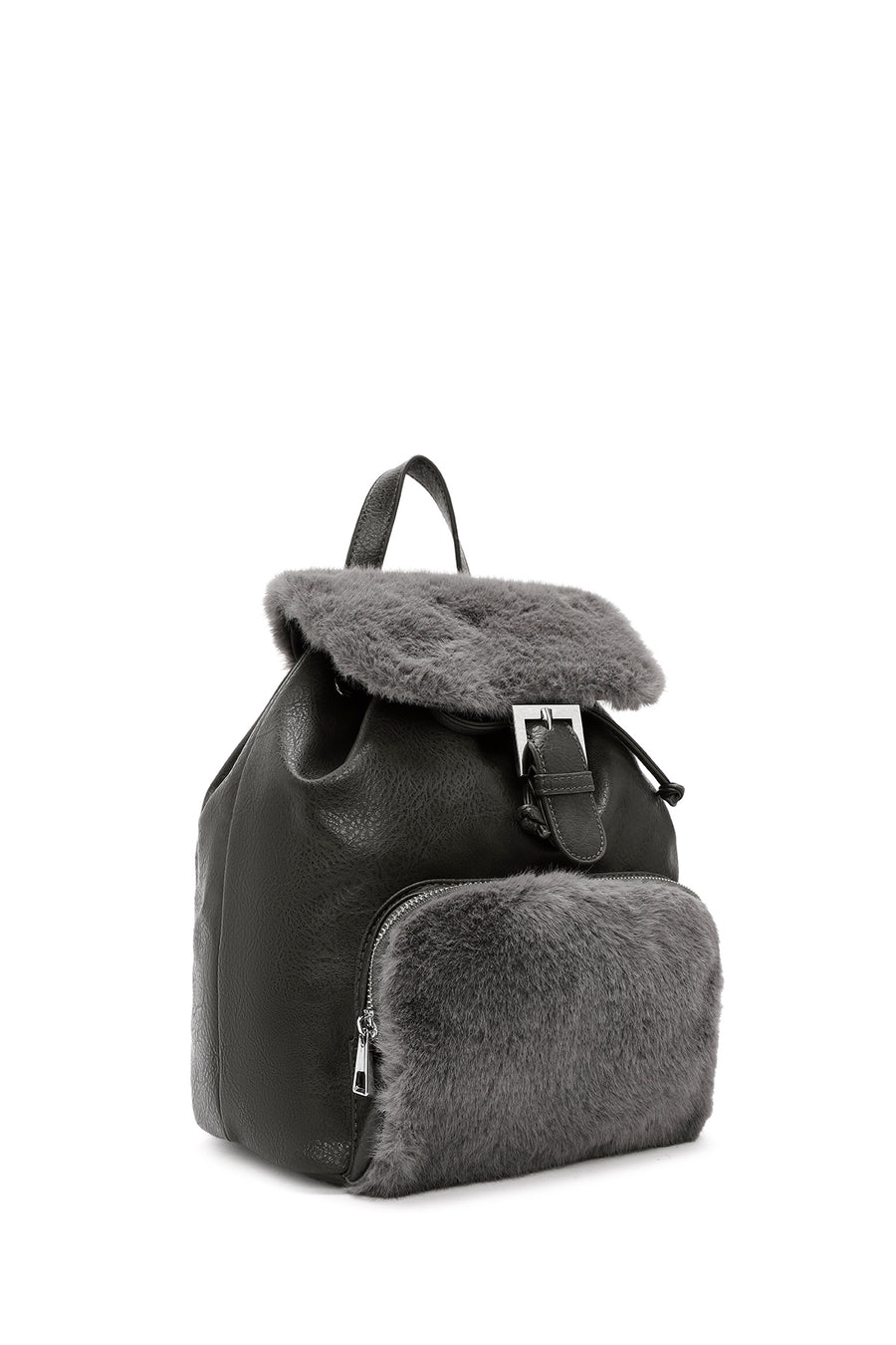 Women's Gray Plush Detailed Backpack