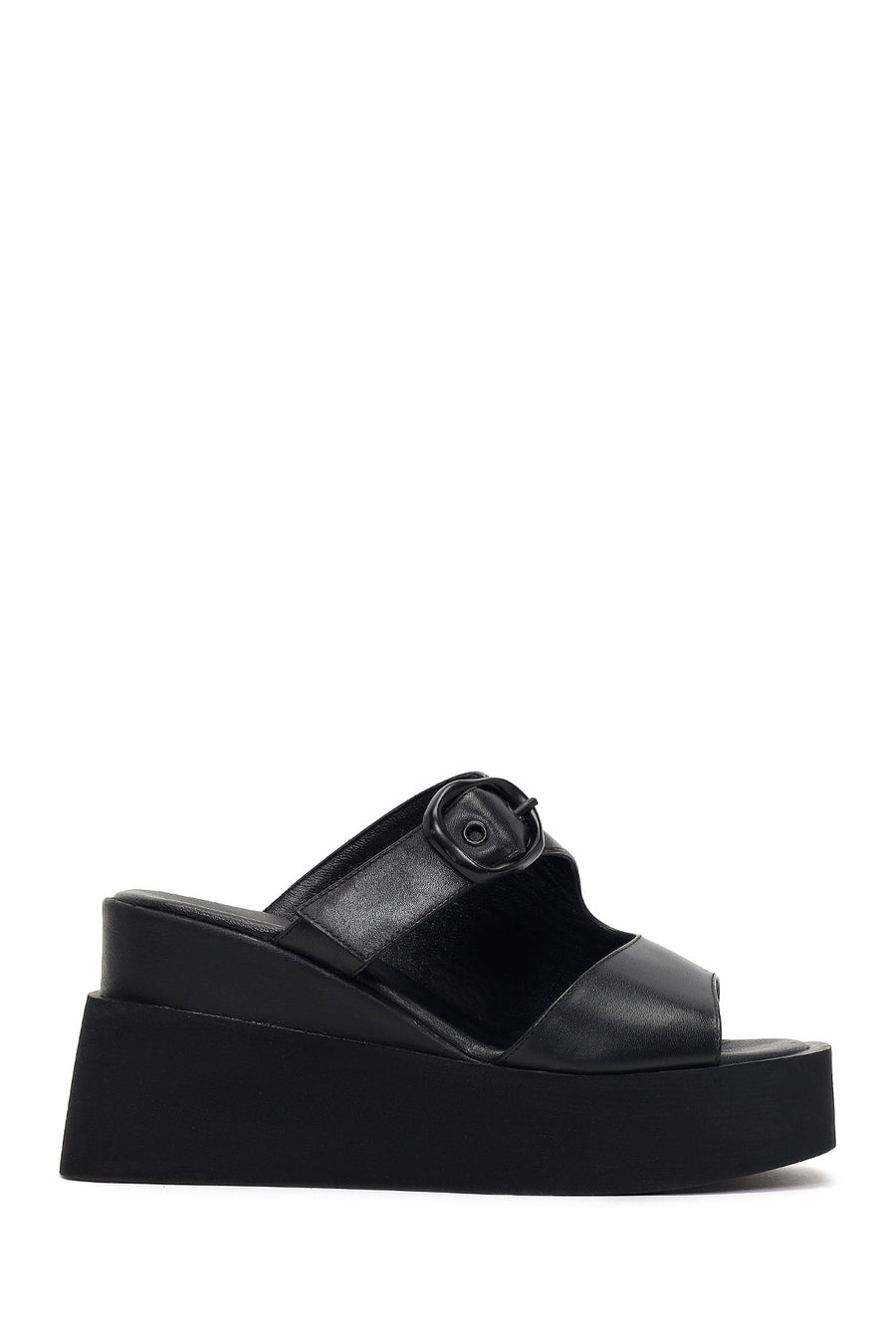 Women's Black Buckle Platform Leather Slippers 26SFD203918 | Derimod