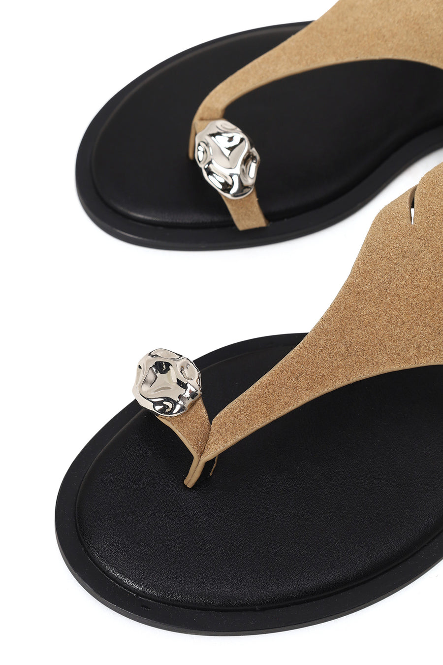 Woman Beige Buckled Toe-Post Suede Sandal