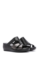 Women's Black Wedge Heeled Leather Comfort Slippers | Derimod