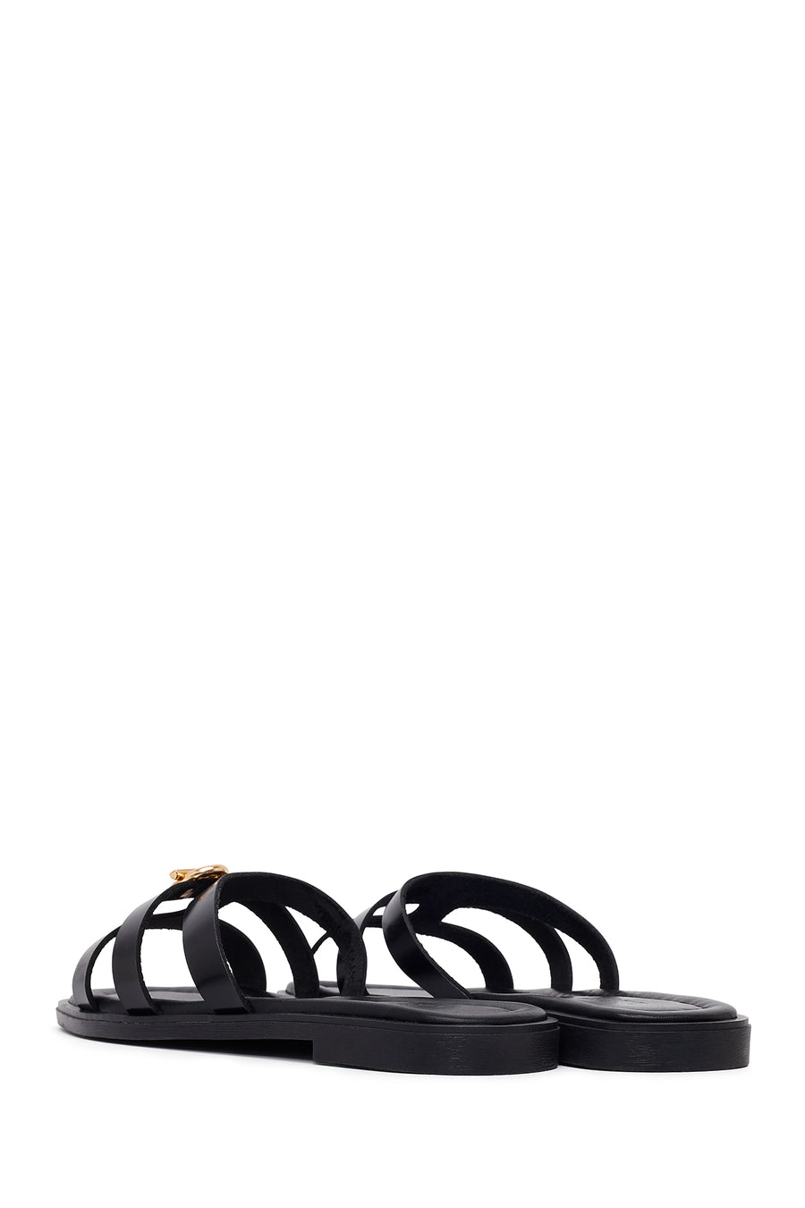 Woman Black Buckled Leather Slippers