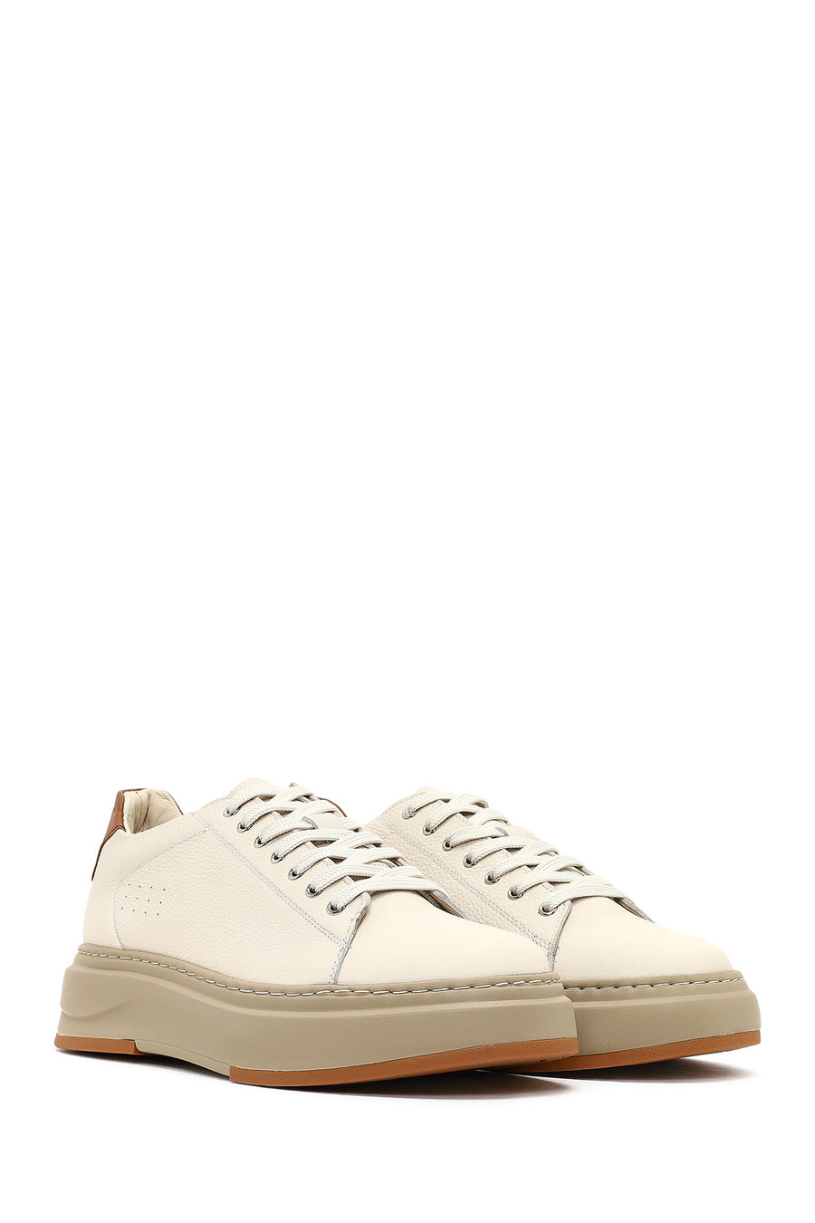 Men's White Lace-Up Thick-Soled Leather Sneaker