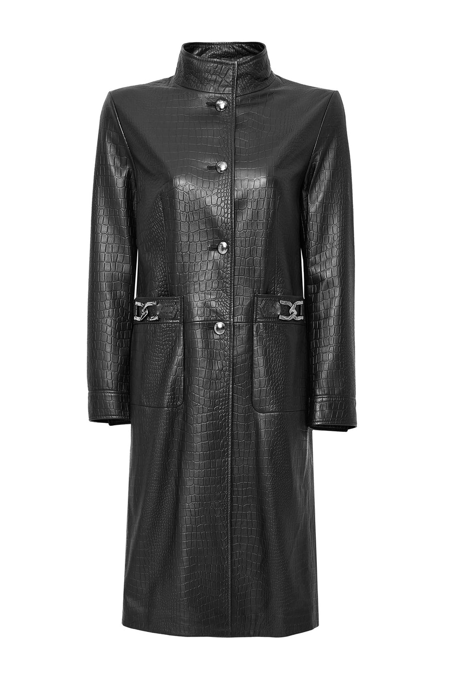 Colette Women's Black Crocodile Patterned Leather Coat