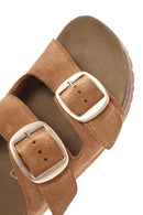 Women's Brown Buckle Suede Leather Slippers | Derimod