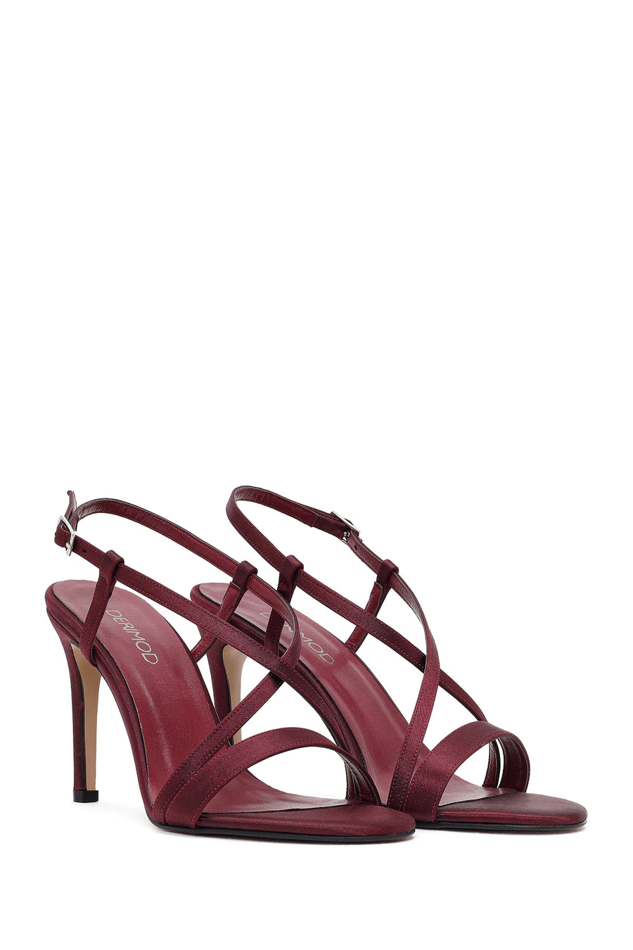 Women's Burgundy Ankle Buckle High Heeled Satin Sandals