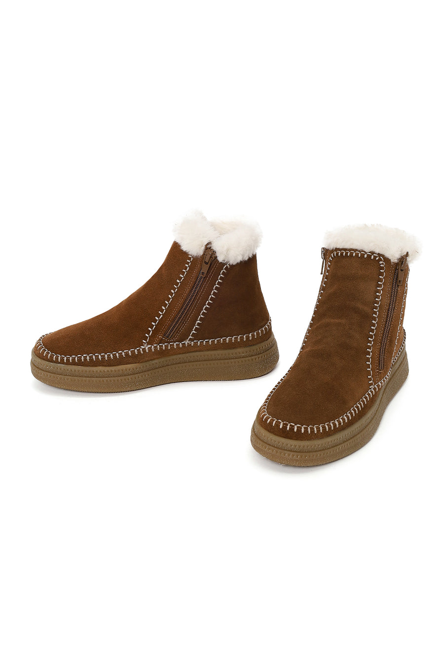 Woman Tan Zip Closure Chunky Sole Suede Teddy Boots