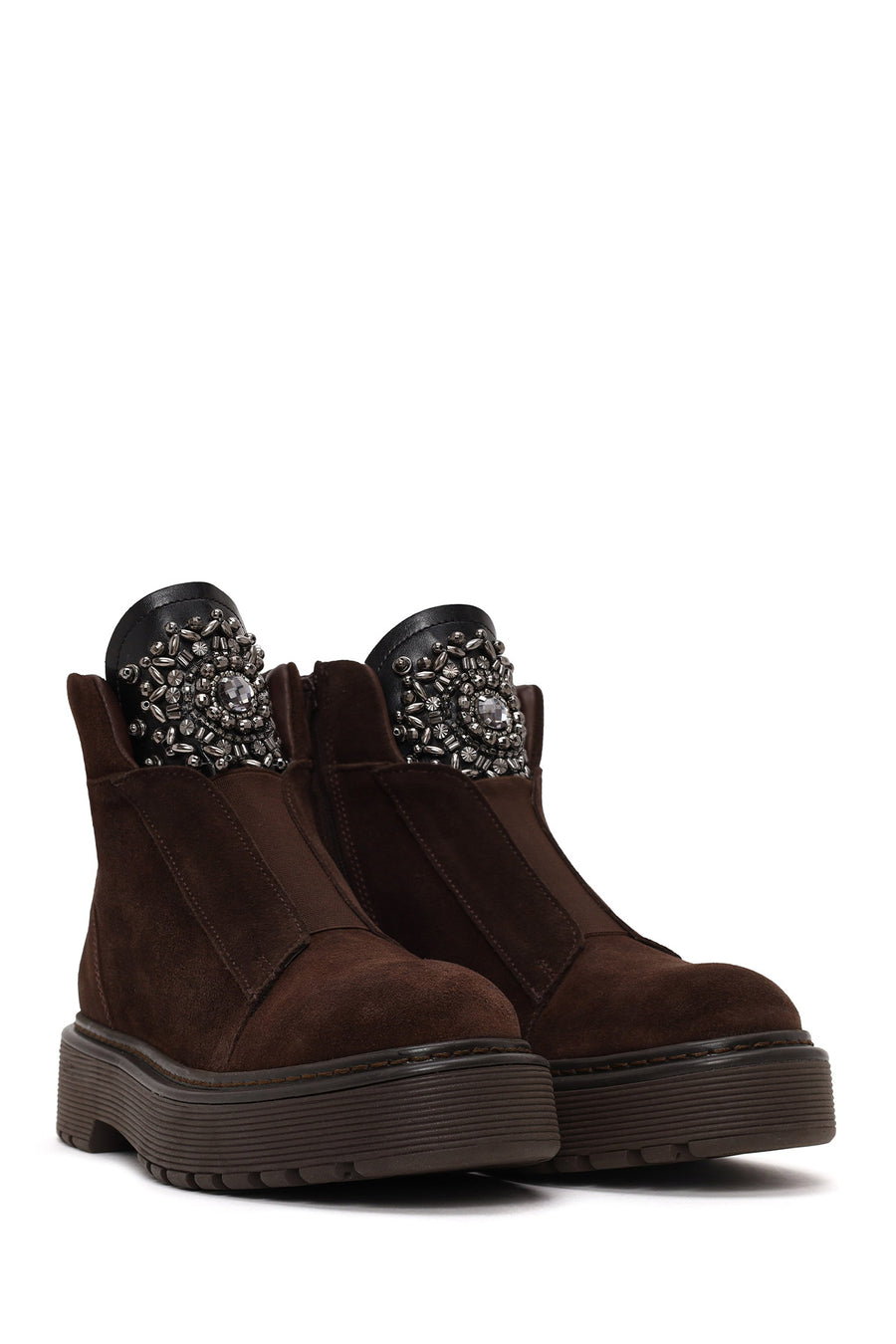 Woman Brown Zip Closure Embellished Chunky Sole Suede Boots