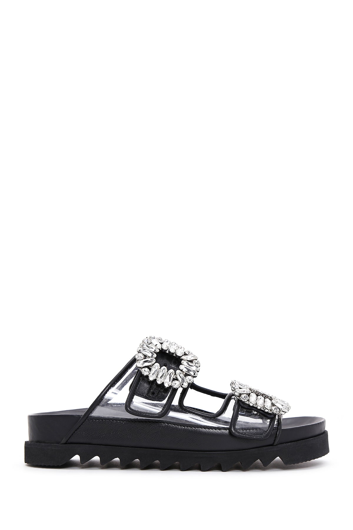 Women's Black Leather Stone Transparent Slippers 23SFD120414 | Derimod