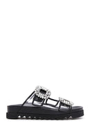 Women's Black Leather Stone Transparent Slippers | Derimod