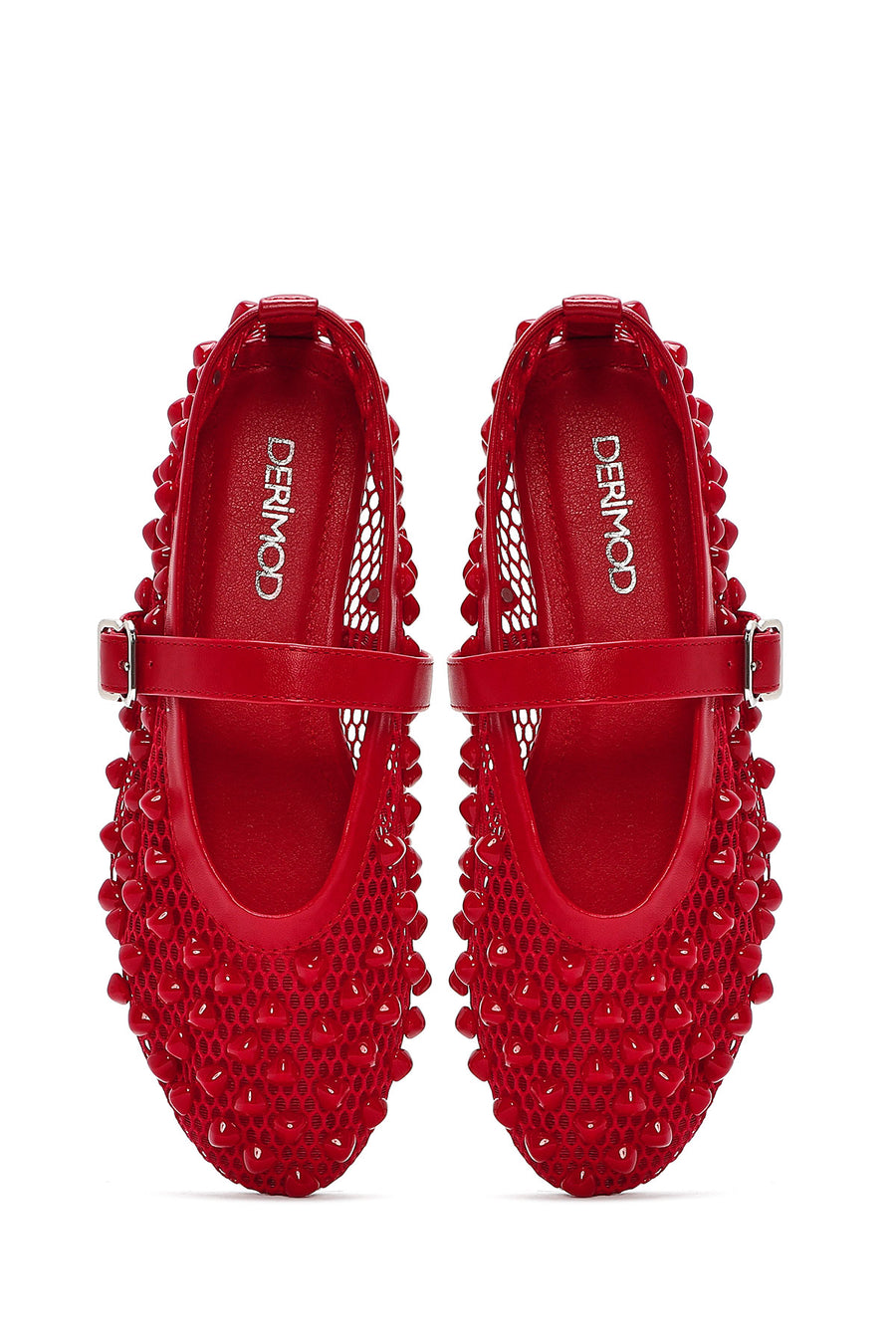 Women's Red Buckled Stoned Fishnet Ballerinas