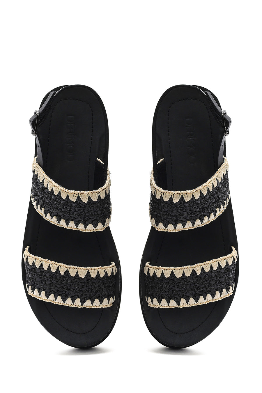 Women's Black Ankle Buckle Thick Soled Straw Sandals